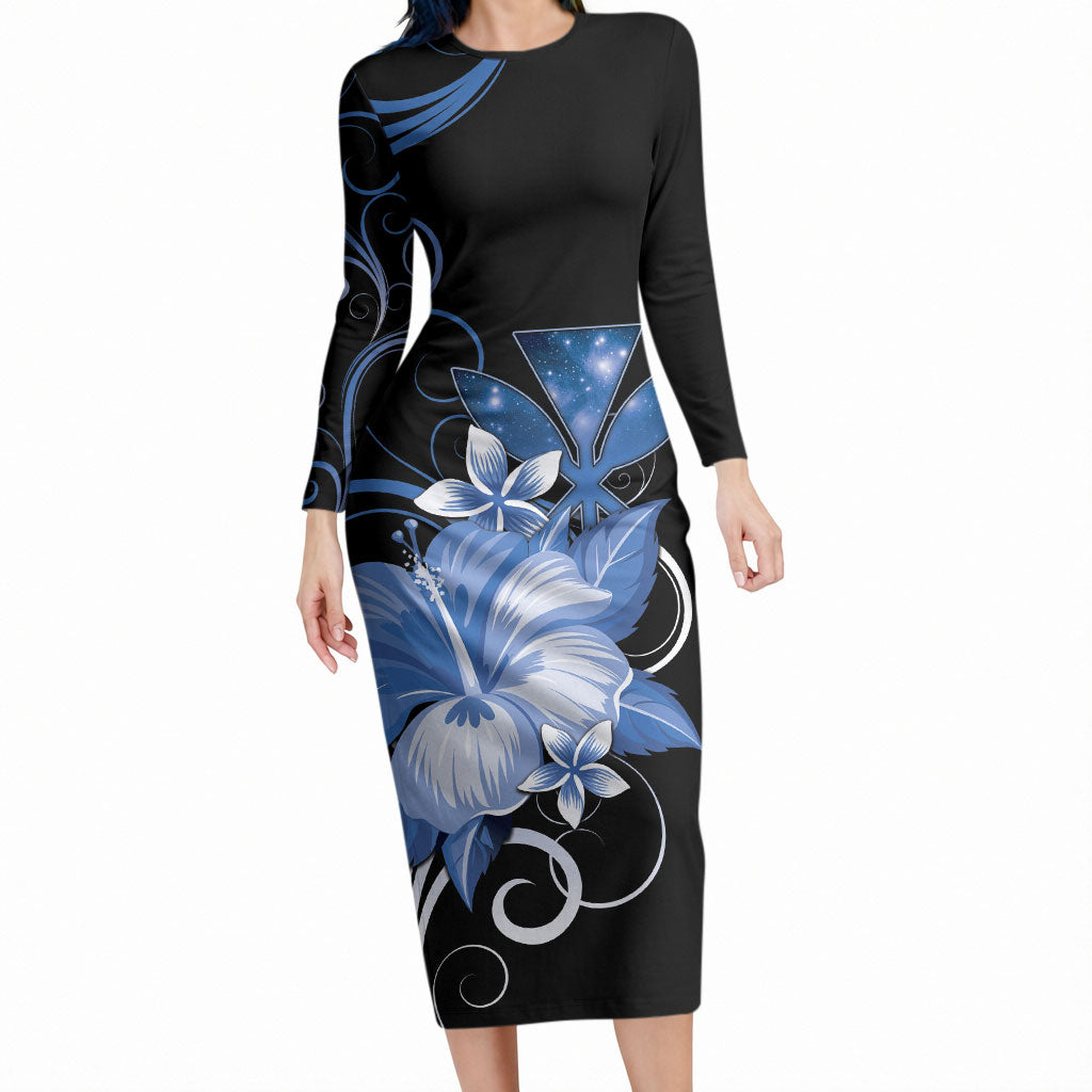 Hawaii Makahiki Kanaka Maoli Long Sleeve Bodycon Dress Blue Hibiscus Floral Vibes LT05 Long Dress Blue - Polynesian Pride