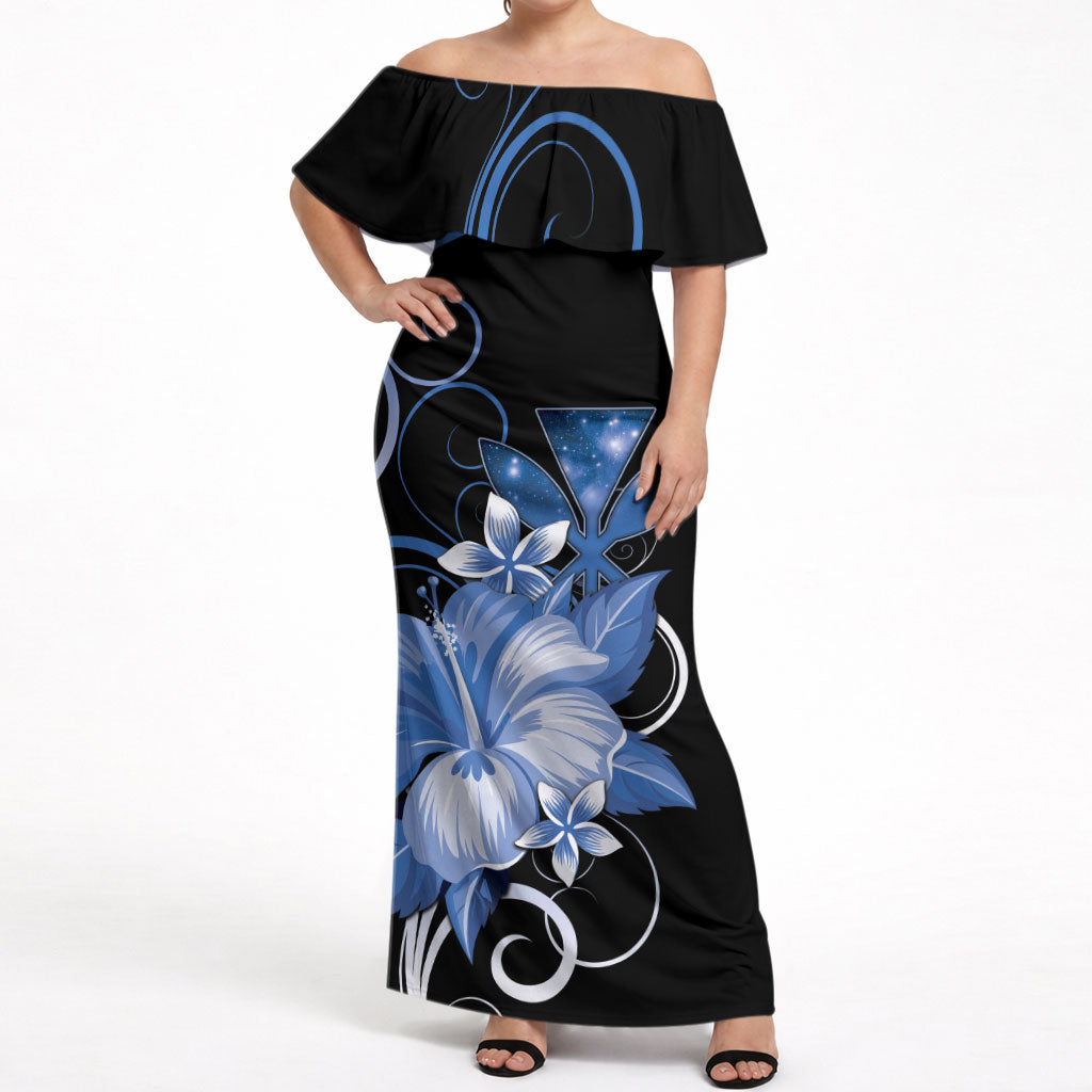 Hawaii Makahiki Kanaka Maoli Off Shoulder Maxi Dress Blue Hibiscus Floral Vibes LT05 Women Blue - Polynesian Pride