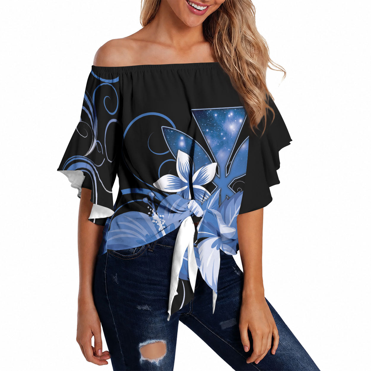 Hawaii Makahiki Kanaka Maoli Off Shoulder Wrap Waist Top Blue Hibiscus Floral Vibes LT05 Blue - Polynesian Pride