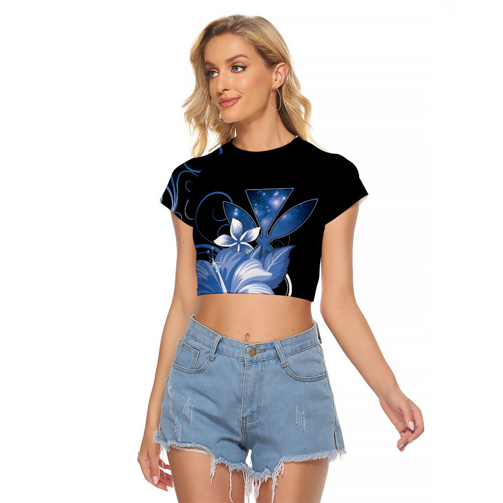 Hawaii Makahiki Kanaka Maoli Raglan Cropped T Shirt Blue Hibiscus Floral Vibes LT05 Female Blue - Polynesian Pride