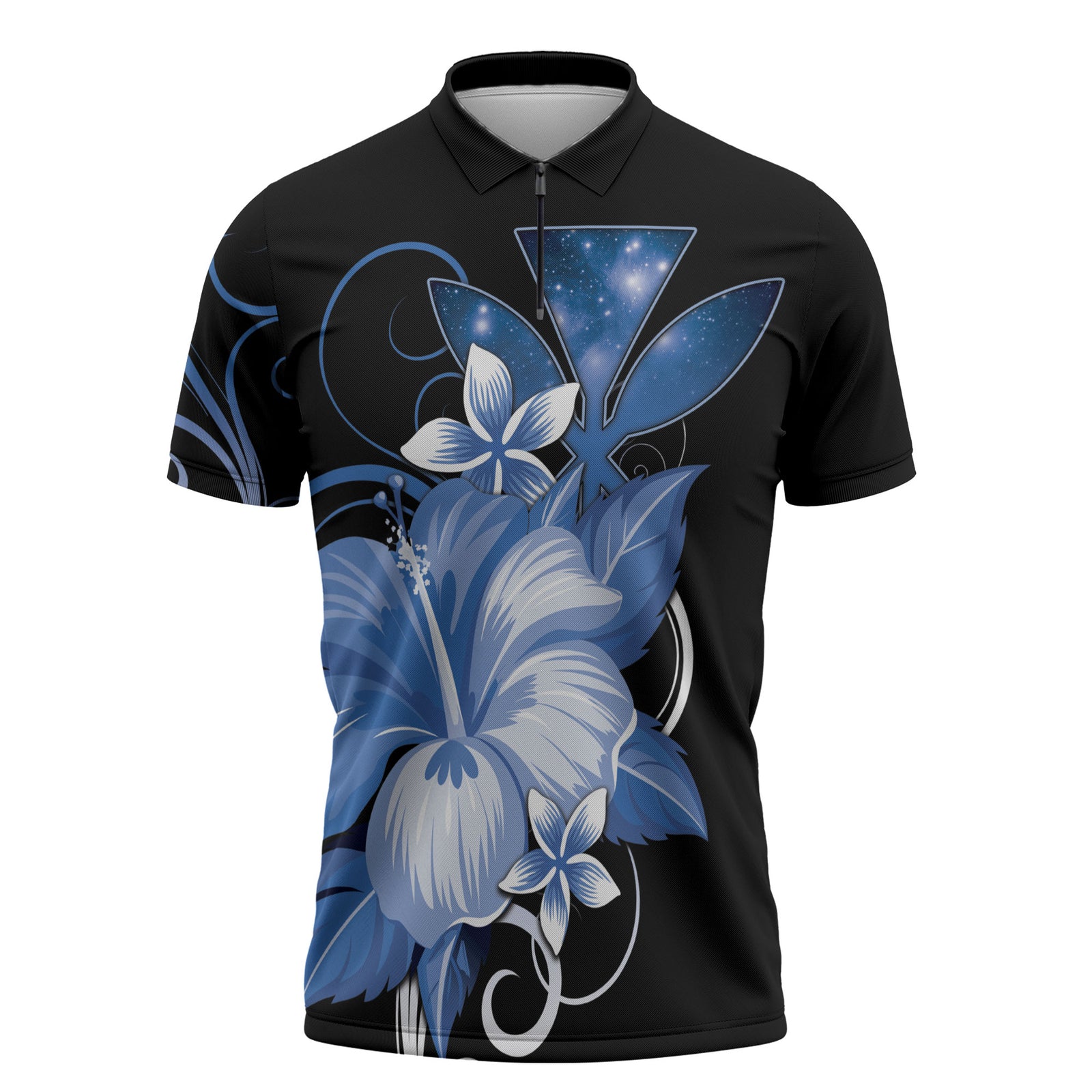Hawaii Makahiki Kanaka Maoli Zipper Polo Shirt Blue Hibiscus Floral Vibes LT05 Blue - Polynesian Pride