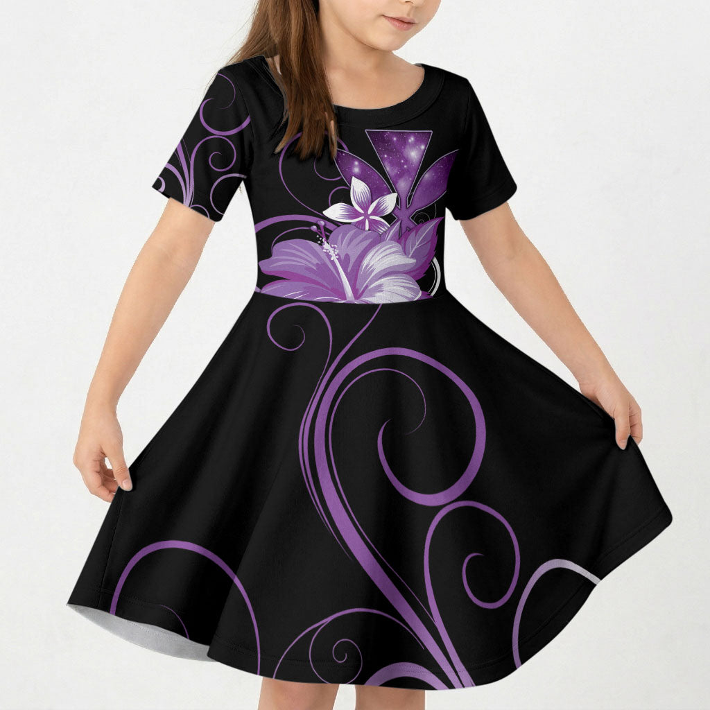 Hawaii Makahiki Kanaka Maoli Kid Short Sleeve Dress Purple Hibiscus Floral Vibes LT05 KID Purple - Polynesian Pride