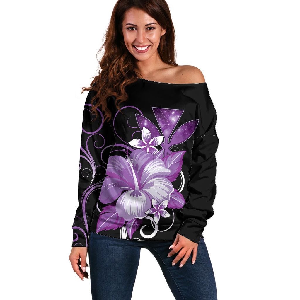 Hawaii Makahiki Kanaka Maoli Off Shoulder Sweater Purple Hibiscus Floral Vibes LT05 Women Purple - Polynesian Pride