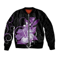 Hawaii Makahiki Kanaka Maoli Sleeve Zip Bomber Jacket Purple Hibiscus Floral Vibes LT05 Unisex Purple - Polynesian Pride
