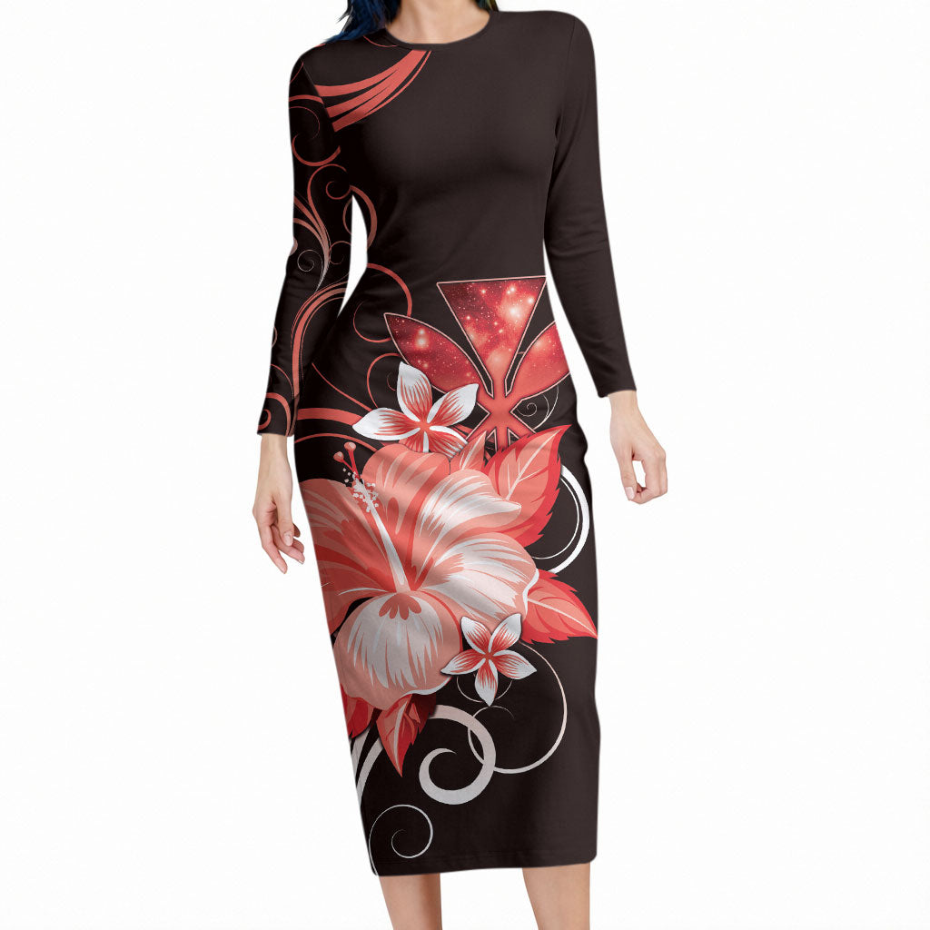 Hawaii Makahiki Kanaka Maoli Long Sleeve Bodycon Dress Red Hibiscus Floral Vibes LT05 Long Dress Red - Polynesian Pride