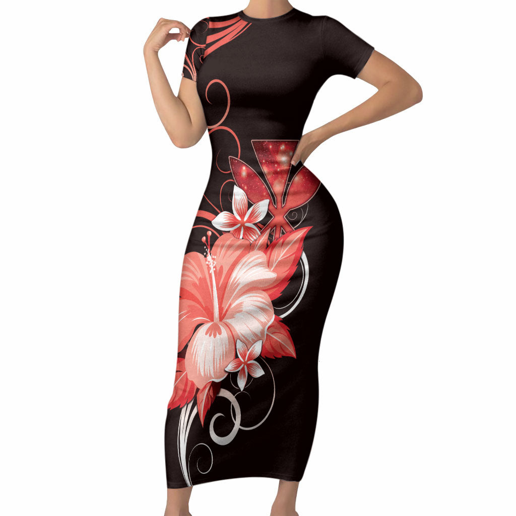 Hawaii Makahiki Kanaka Maoli Short Sleeve Bodycon Dress Red Hibiscus Floral Vibes LT05 Long Dress Red - Polynesian Pride
