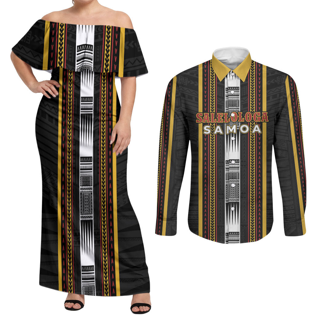 Personalised Salelologa Samoa Couples Matching Off Shoulder Maxi Dress and Long Sleeve Button Shirt Samoan Tribal Pattern LT05 Black - Polynesian Pride
