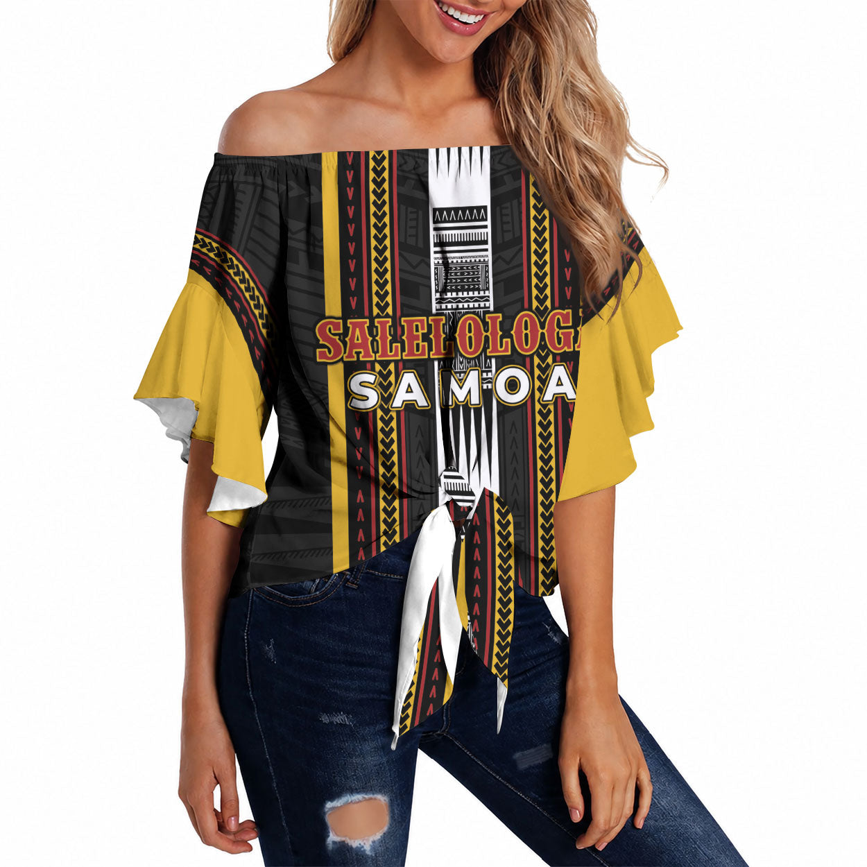 Personalised Salelologa Samoa Off Shoulder Wrap Waist Top Samoan Tribal Pattern LT05 Black - Polynesian Pride