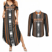 Personalised Vaitele Samoa Couples Matching Summer Maxi Dress and Long Sleeve Button Shirt Samoan Tribal Pattern LT05 Orange - Polynesian Pride