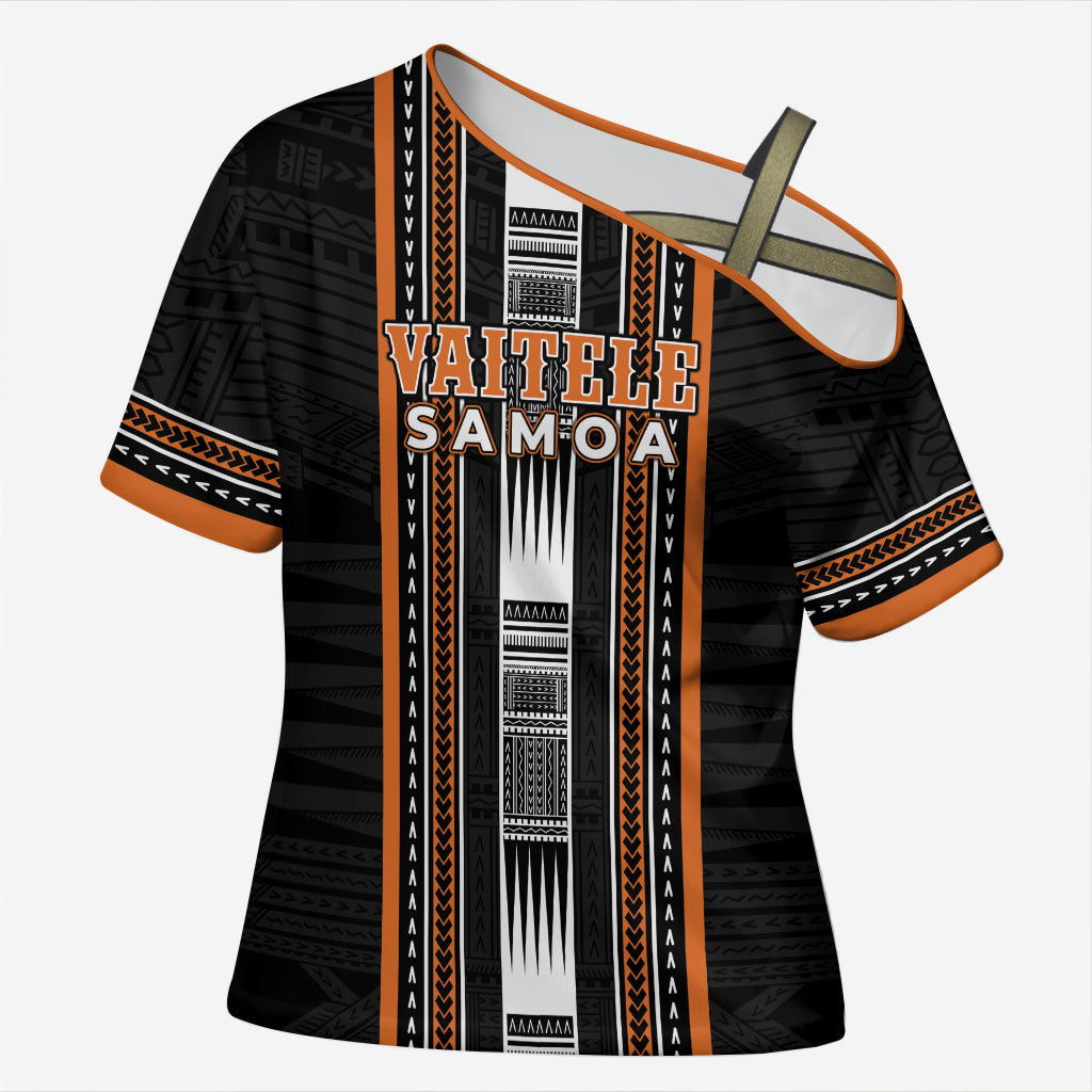 Personalised Vaitele Samoa Cross Shoulder Shirt Samoan Tribal Pattern LT05 Female Orange - Polynesian Pride