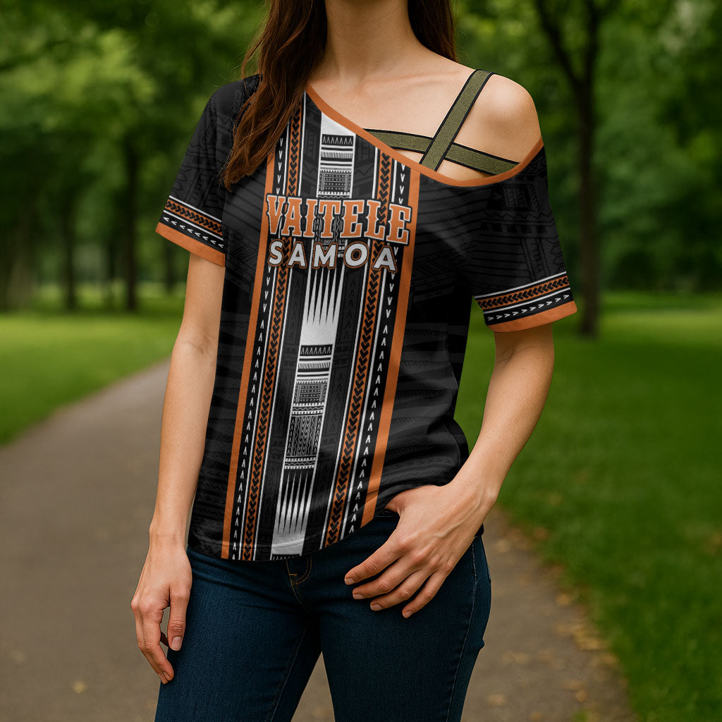 Personalised Vaitele Samoa Cross Shoulder Shirt Samoan Tribal Pattern
