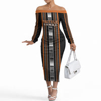 Personalised Vaitele Samoa Off The Shoulder Long Sleeve Dress Samoan Tribal Pattern LT05 Women Orange - Polynesian Pride
