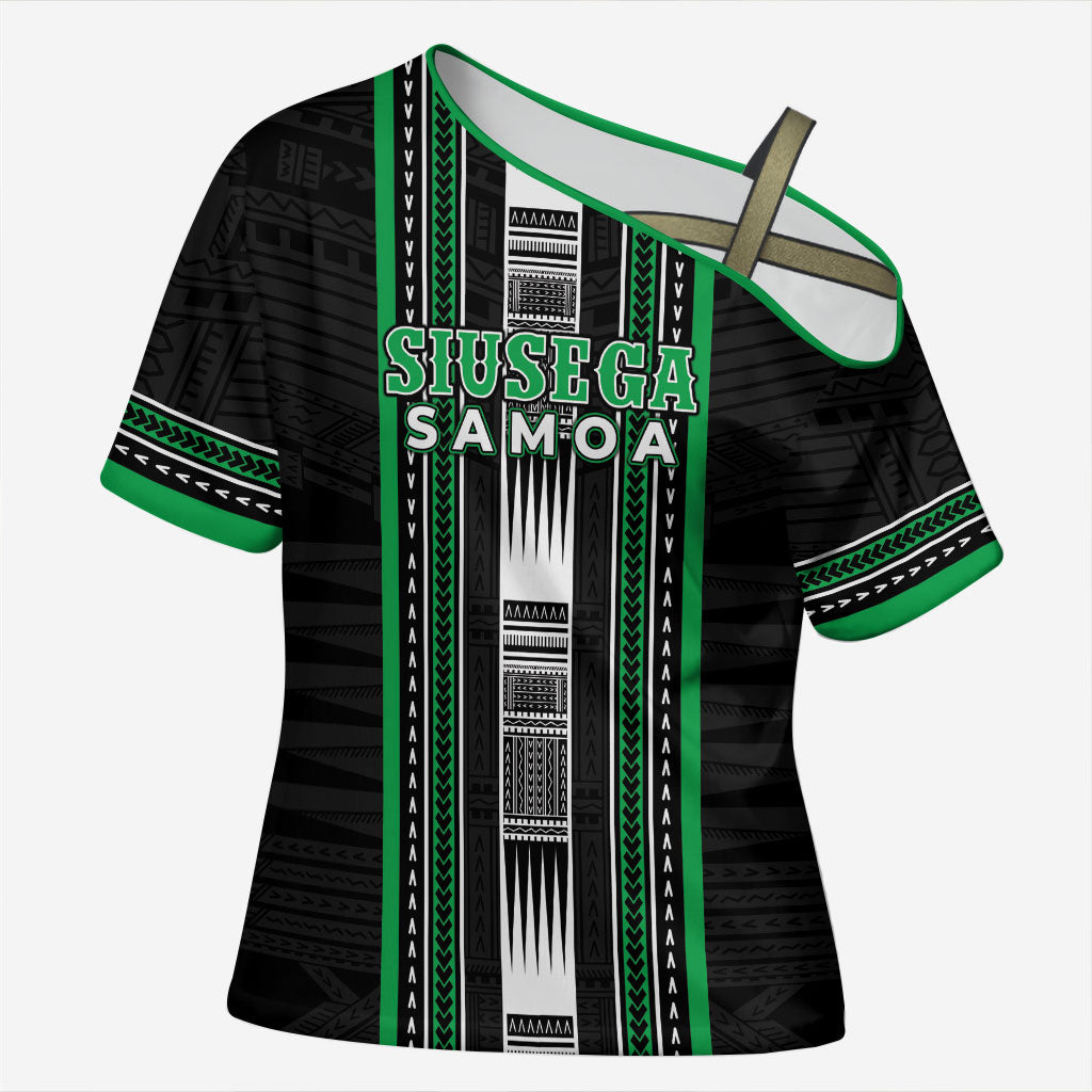 Personalised Siusega Samoa Cross Shoulder Shirt Samoan Tribal Pattern LT05 Female Green - Polynesian Pride