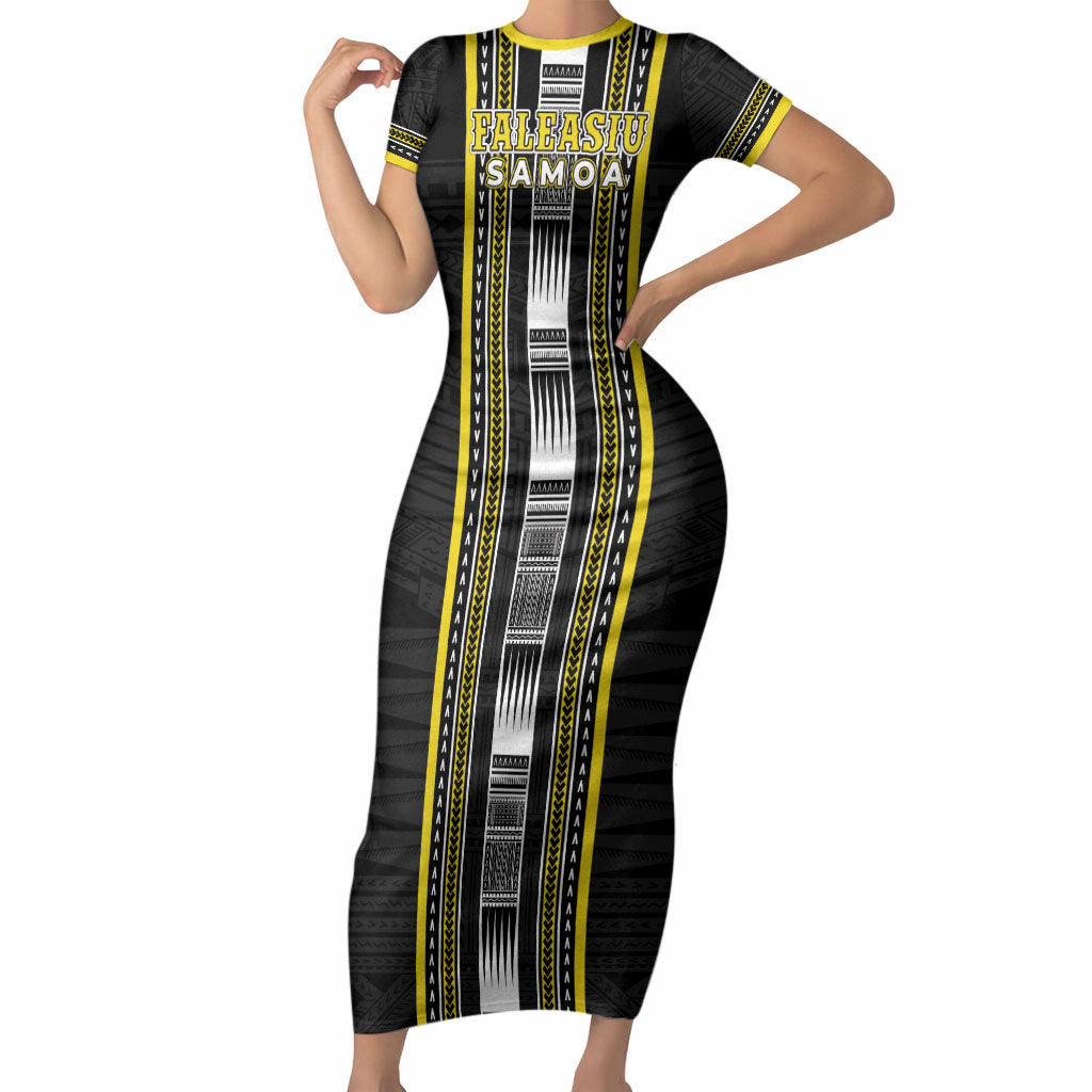 Personalised Faleasiu Samoa Short Sleeve Bodycon Dress Samoan Tribal Pattern LT05 Long Dress Yellow - Polynesian Pride