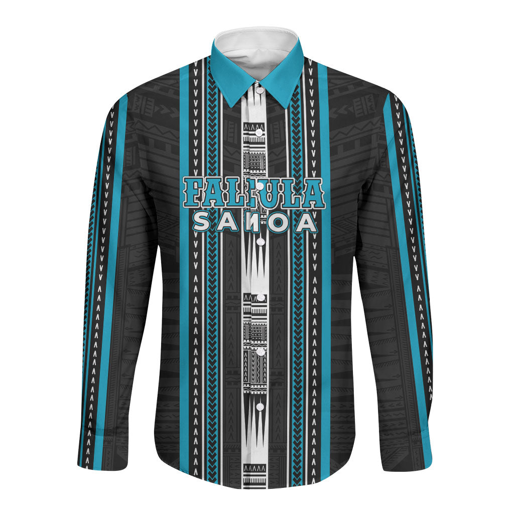 Personalised Faleula Samoa Long Sleeve Button Shirt Samoan Tribal Pattern LT05 Unisex Blue - Polynesian Pride