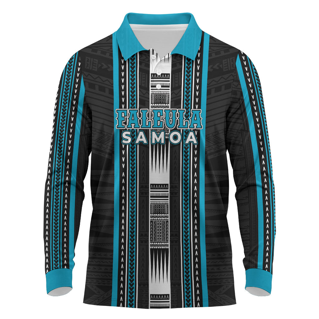 Personalised Faleula Samoa Long Sleeve Polo Shirt Samoan Tribal Pattern LT05 Blue - Polynesian Pride