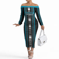 Personalised Faleula Samoa Off The Shoulder Long Sleeve Dress Samoan Tribal Pattern LT05 Women Blue - Polynesian Pride
