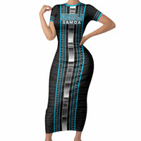 Personalised Faleula Samoa Short Sleeve Bodycon Dress Samoan Tribal Pattern LT05 Long Dress Blue - Polynesian Pride