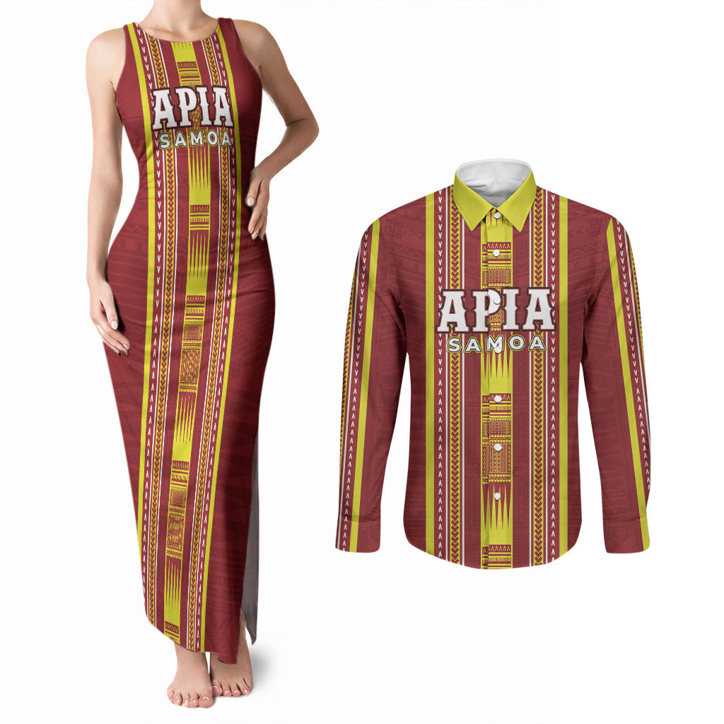 Personalised Apia Samoa Couples Matching Tank Maxi Dress and Long Sleeve Button Shirt Samoan Tribal Pattern LT05 Red - Polynesian Pride