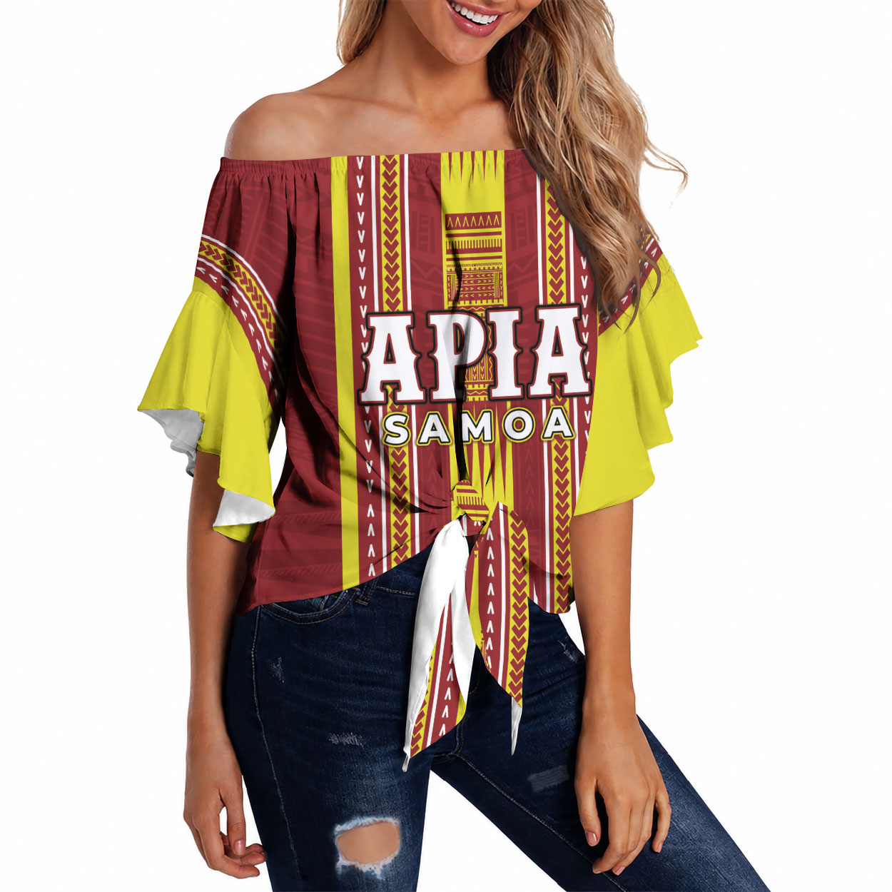 Personalised Apia Samoa Off Shoulder Wrap Waist Top Samoan Tribal Pattern LT05 Red - Polynesian Pride