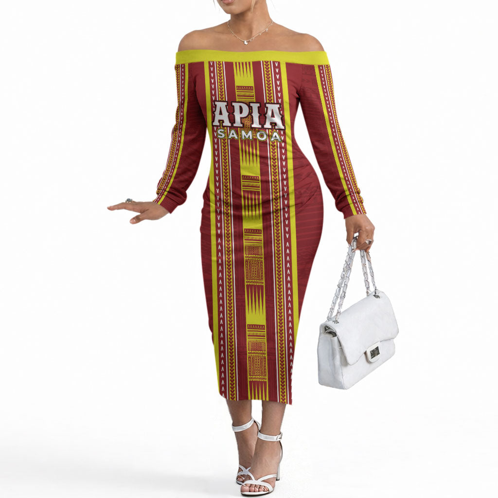 Personalised Apia Samoa Off The Shoulder Long Sleeve Dress Samoan Tribal Pattern LT05 Women Red - Polynesian Pride
