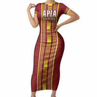 Personalised Apia Samoa Short Sleeve Bodycon Dress Samoan Tribal Pattern LT05 Long Dress Red - Polynesian Pride