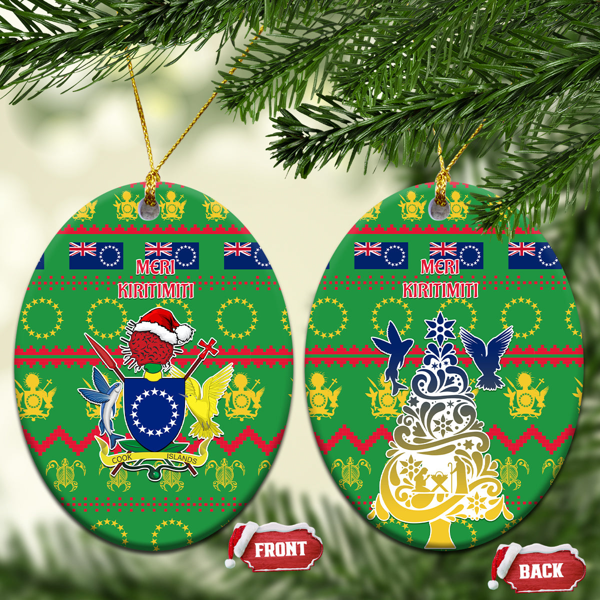 Cook Islands Christmas Ceramic Ornament Santa Coat Of Arms Meri Kiritimiti LT05 Oval Green - Polynesian Pride