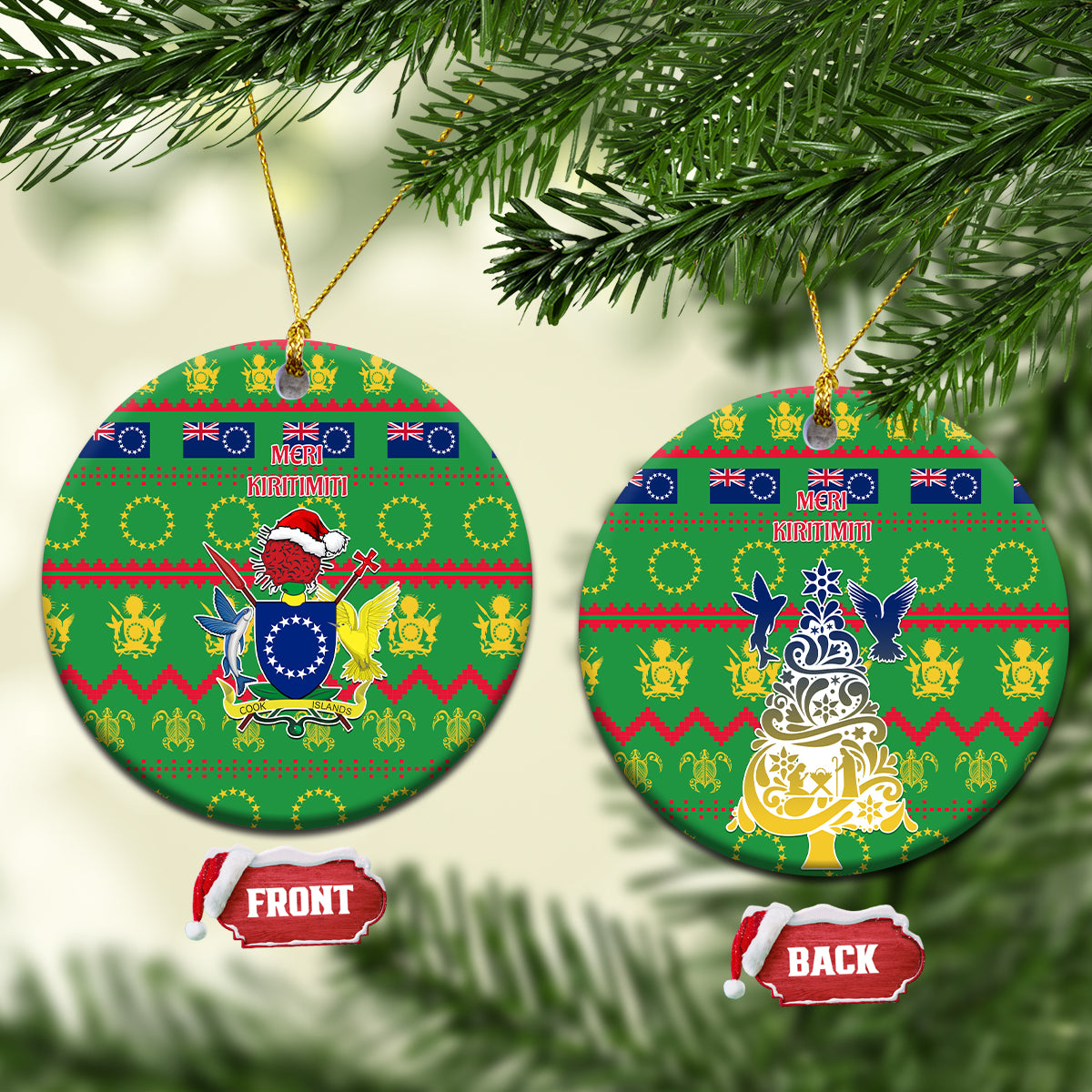 Cook Islands Christmas Ceramic Ornament Santa Coat Of Arms Meri Kiritimiti LT05 Circle Green - Polynesian Pride