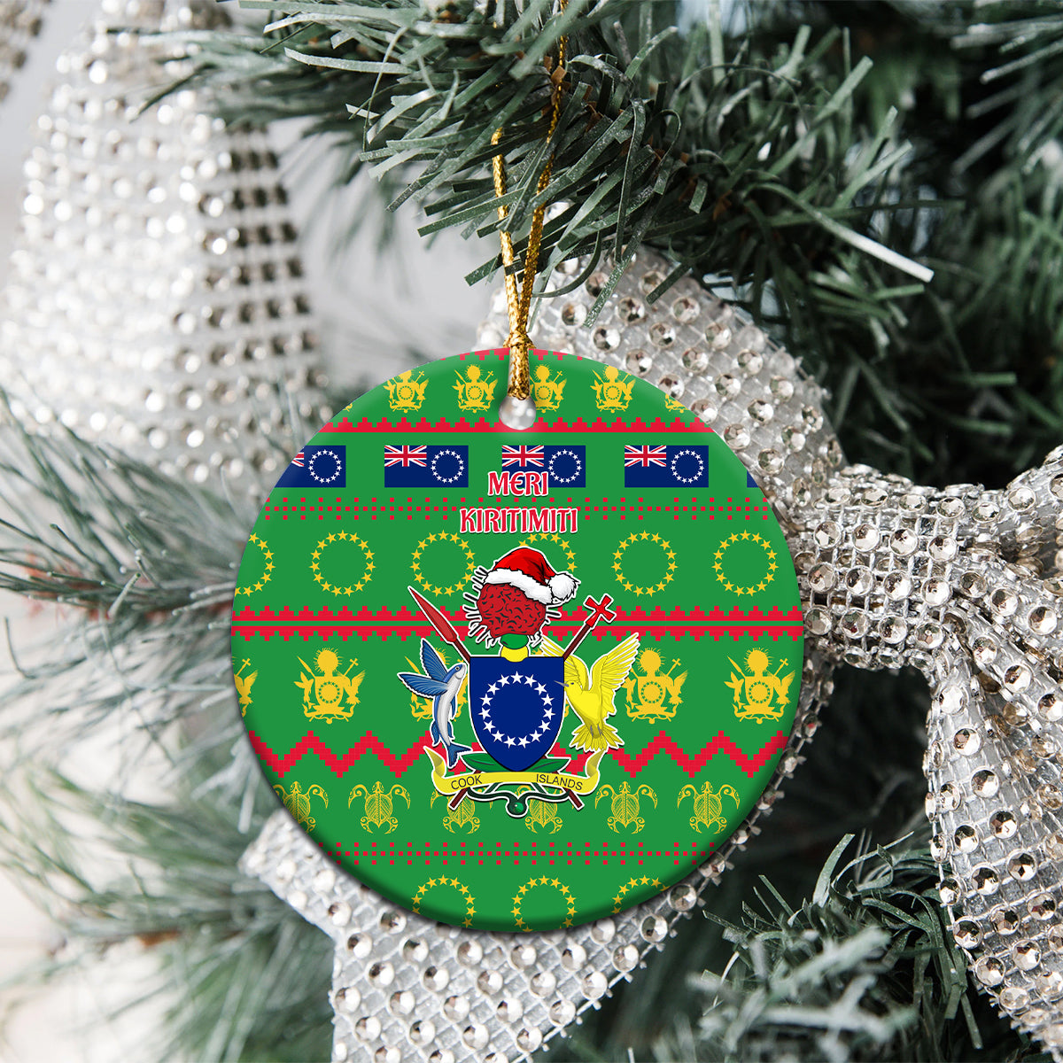 Cook Islands Christmas Ceramic Ornament Santa Coat Of Arms Meri Kiritimiti LT05 - Polynesian Pride