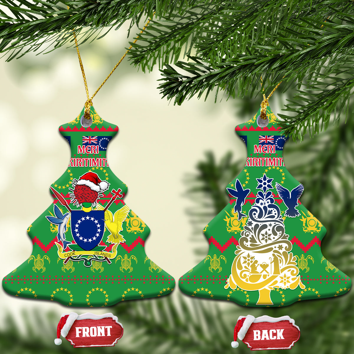 Cook Islands Christmas Ceramic Ornament Santa Coat Of Arms Meri Kiritimiti LT05 Christmas Tree Green - Polynesian Pride