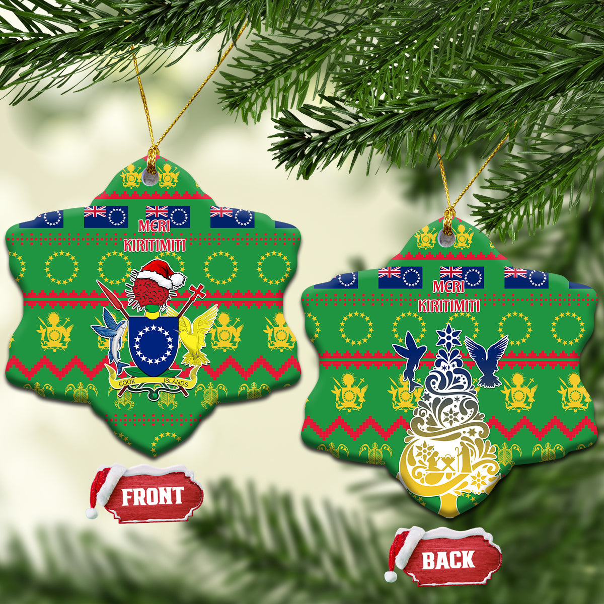 Cook Islands Christmas Ceramic Ornament Santa Coat Of Arms Meri Kiritimiti LT05 Snow Flake Green - Polynesian Pride