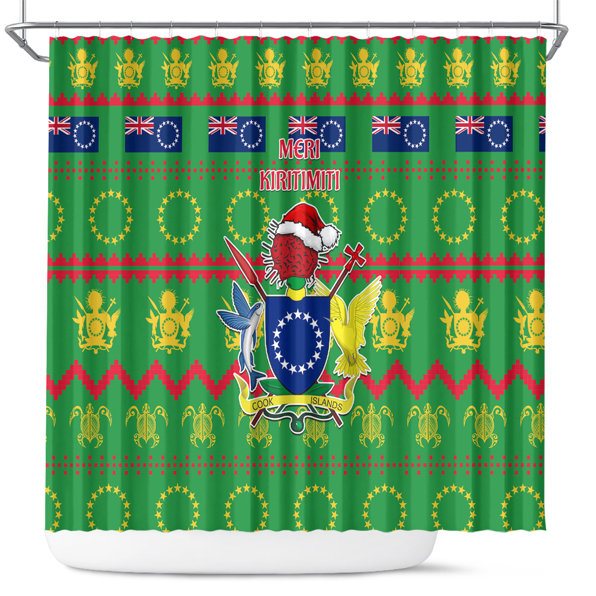 Cook Islands Christmas Shower Curtain Santa Coat Of Arms Meri Kiritimiti LT05 Green - Polynesian Pride