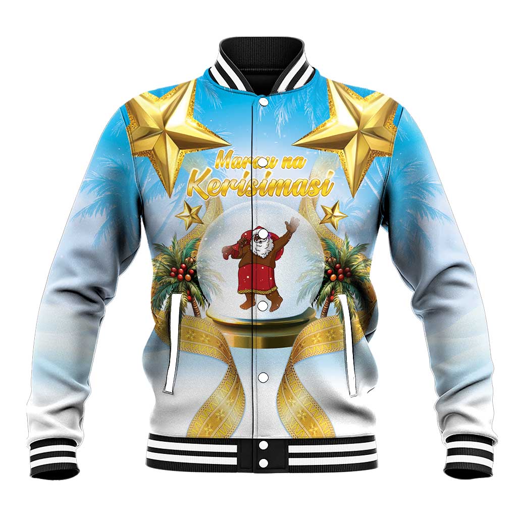 Fiji Christmas Baseball Jacket Snow Globe With Fijian Santa LT05 Unisex Blue - Polynesian Pride