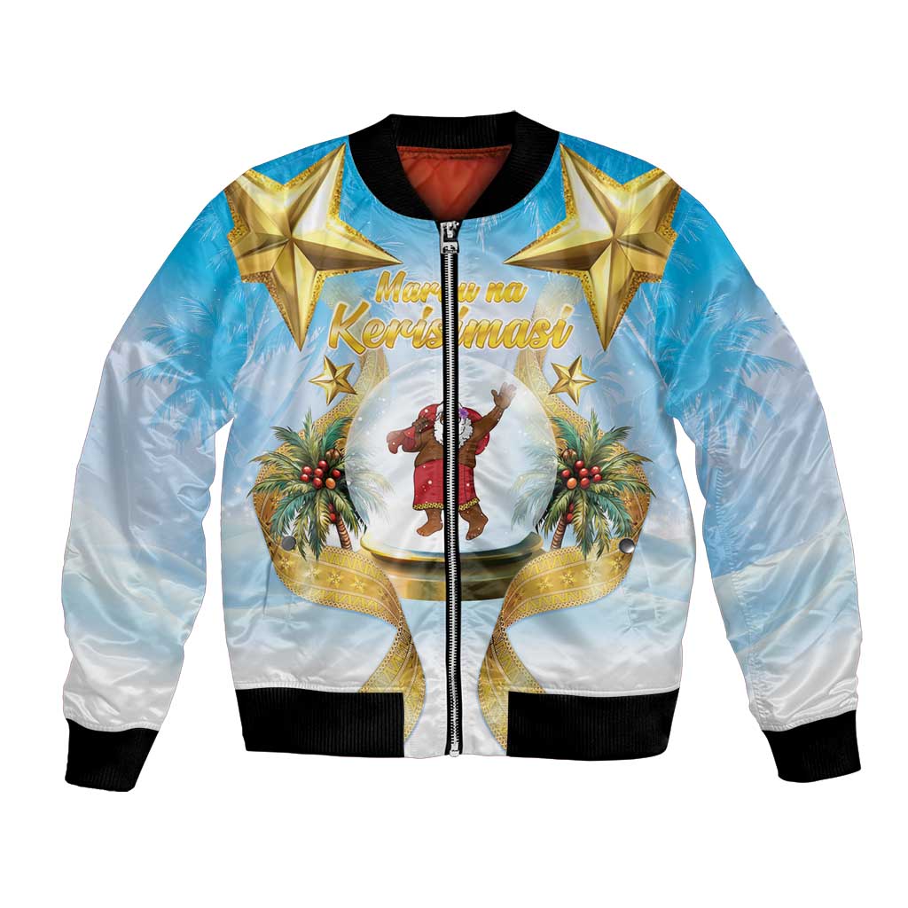 Fiji Christmas Bomber Jacket Snow Globe With Fijian Santa LT05 Unisex Blue - Polynesian Pride