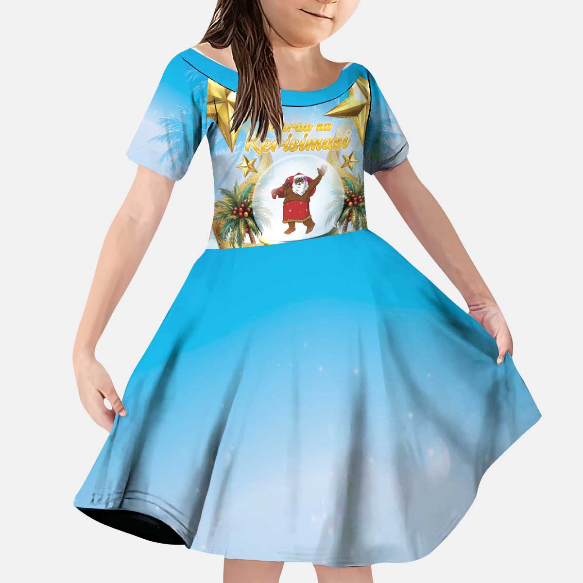 Fiji Christmas Kid Short Sleeve Dress Snow Globe With Fijian Santa LT05 KID Blue - Polynesian Pride