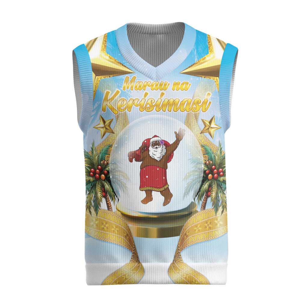 Fiji Christmas Knitted V-Neck Vest Snow Globe With Fijian Santa LT05 Blue - Polynesian Pride