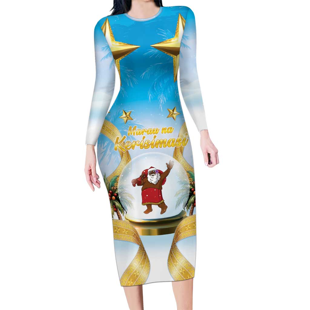 Fiji Christmas Long Sleeve Bodycon Dress Snow Globe With Fijian Santa LT05 Long Dress Blue - Polynesian Pride
