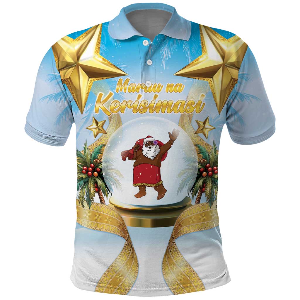 Fiji Christmas Polo Shirt Snow Globe With Fijian Santa LT05 Blue - Polynesian Pride