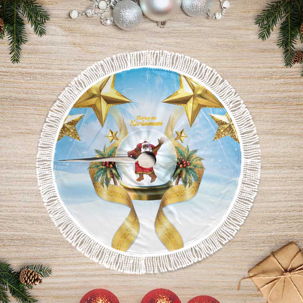 Fiji Christmas Tree Skirt Snow Globe With Fijian Santa LT05 Fringed Blue - Polynesian Pride
