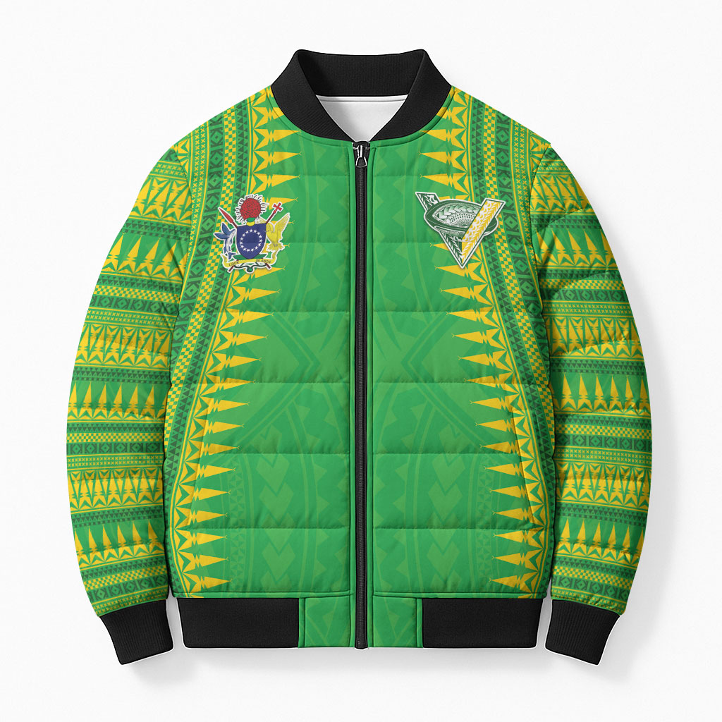 Cook Islands Rugby Custom Bomber Puffer Jacket Kuki Tribal Pattern Green Version