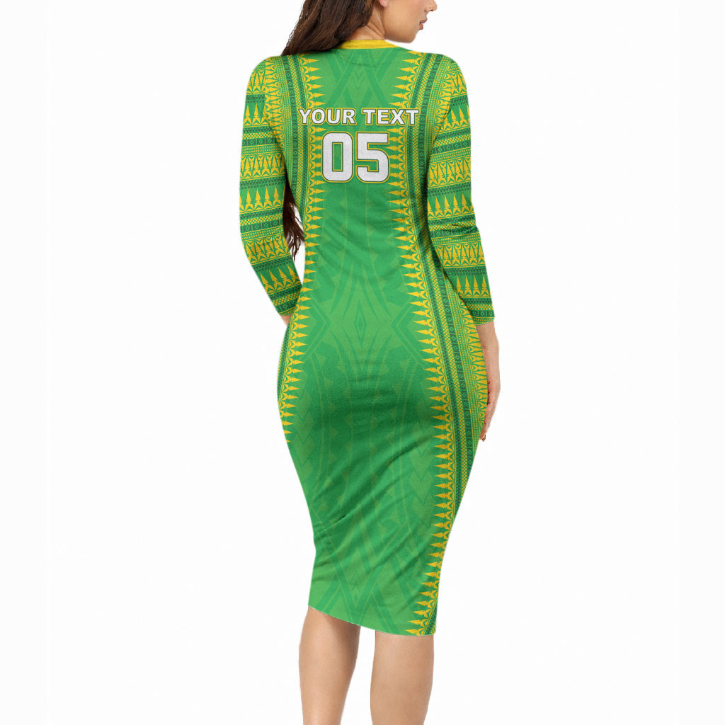 Cook Islands Rugby Custom Long Sleeve Bodycon Dress Kuki Tribal Pattern Green Version LT05 - Polynesian Pride