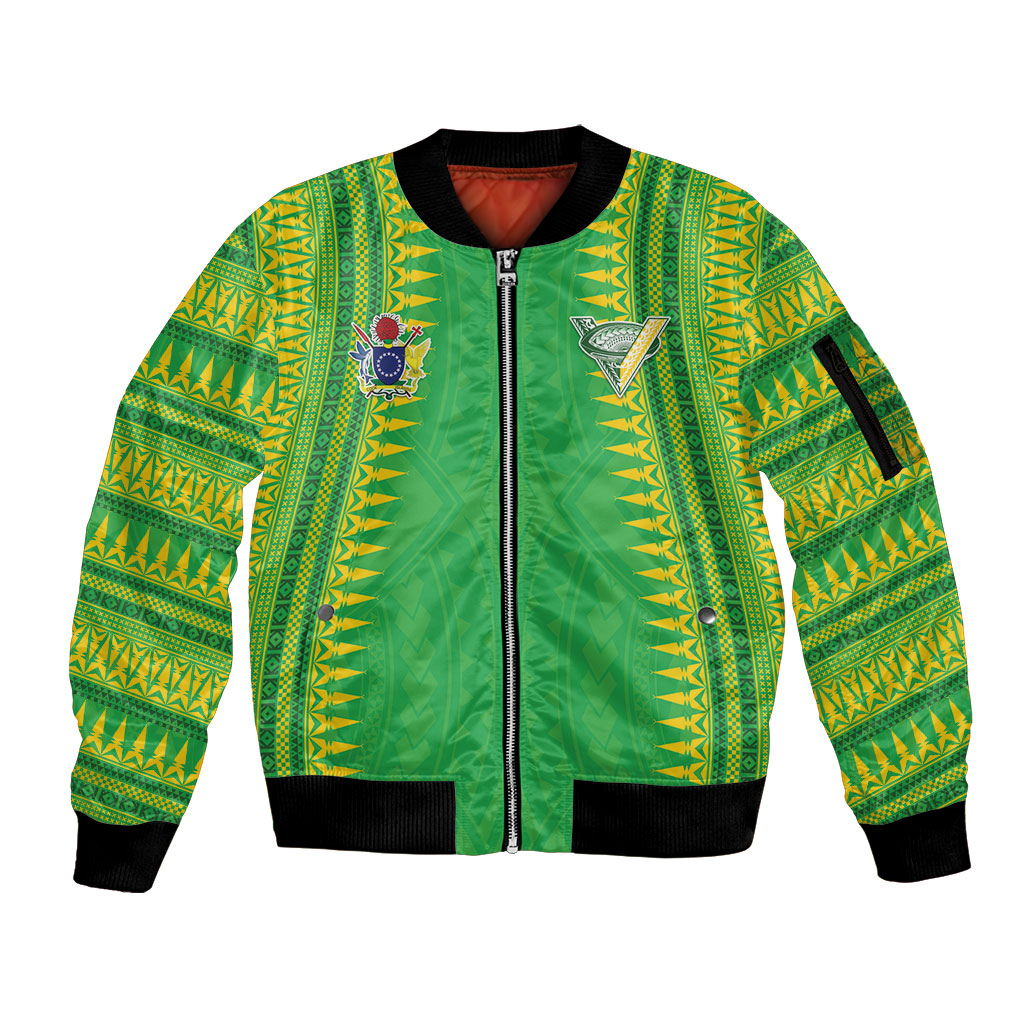 Cook Islands Rugby Custom Sleeve Zip Bomber Jacket Kuki Tribal Pattern Green Version LT05 Unisex Green - Polynesian Pride