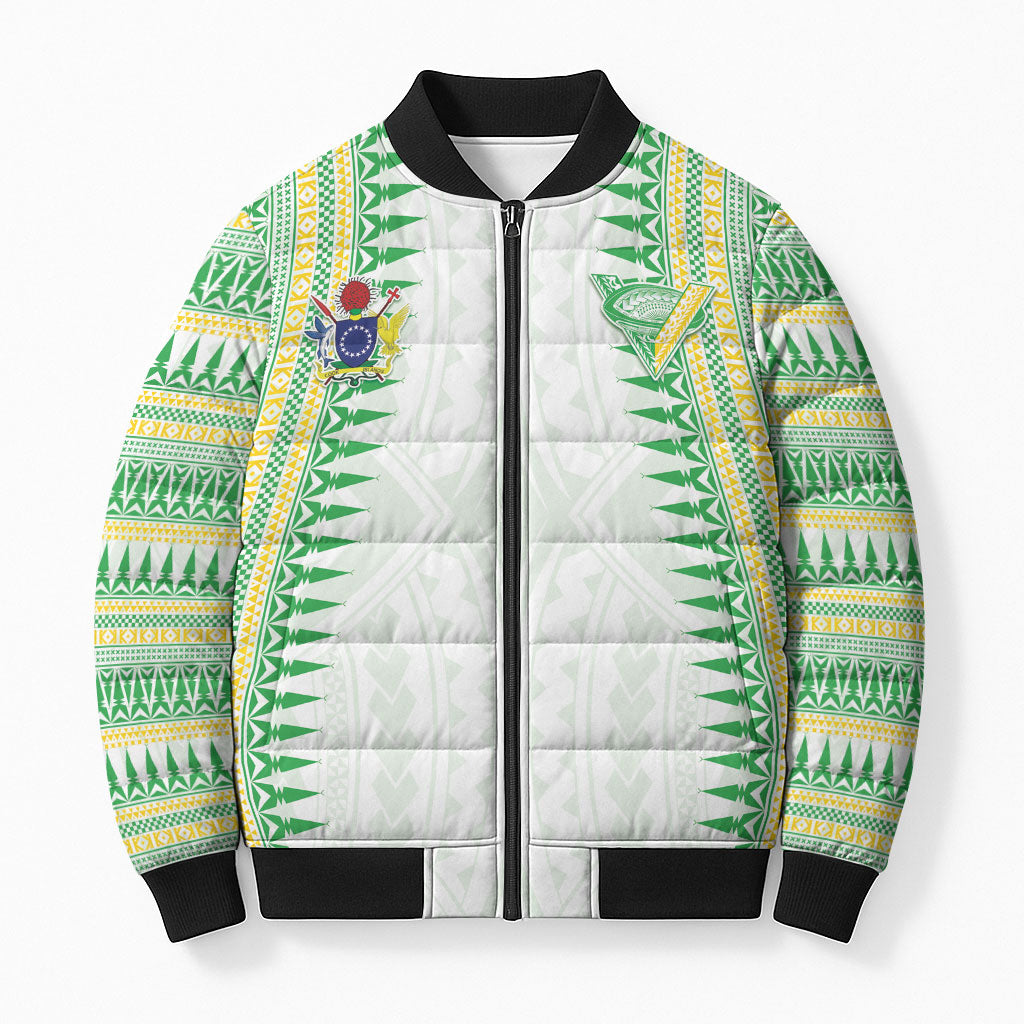 Cook Islands Rugby Custom Bomber Puffer Jacket Kuki Tribal Pattern White Version