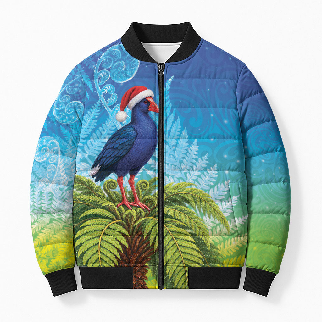 New Zealand Christmas Bomber Puffer Jacket Pukeko With Ponga Tree Silver Fern