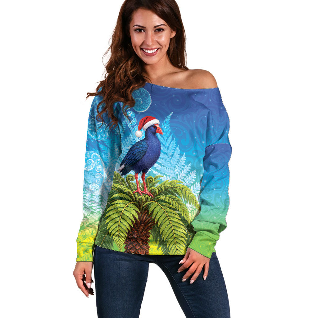New Zealand Christmas Off Shoulder Sweater Pukeko With Ponga Tree Silver Fern LT05 Women Multicolor - Polynesian Pride