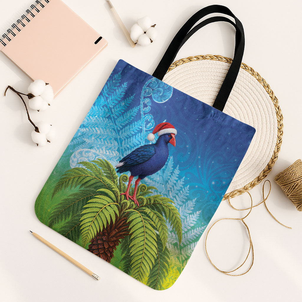 New Zealand Christmas Tote Bag Pukeko With Ponga Tree Silver Fern LT05 Black Strap One Size Multicolor - Polynesian Pride