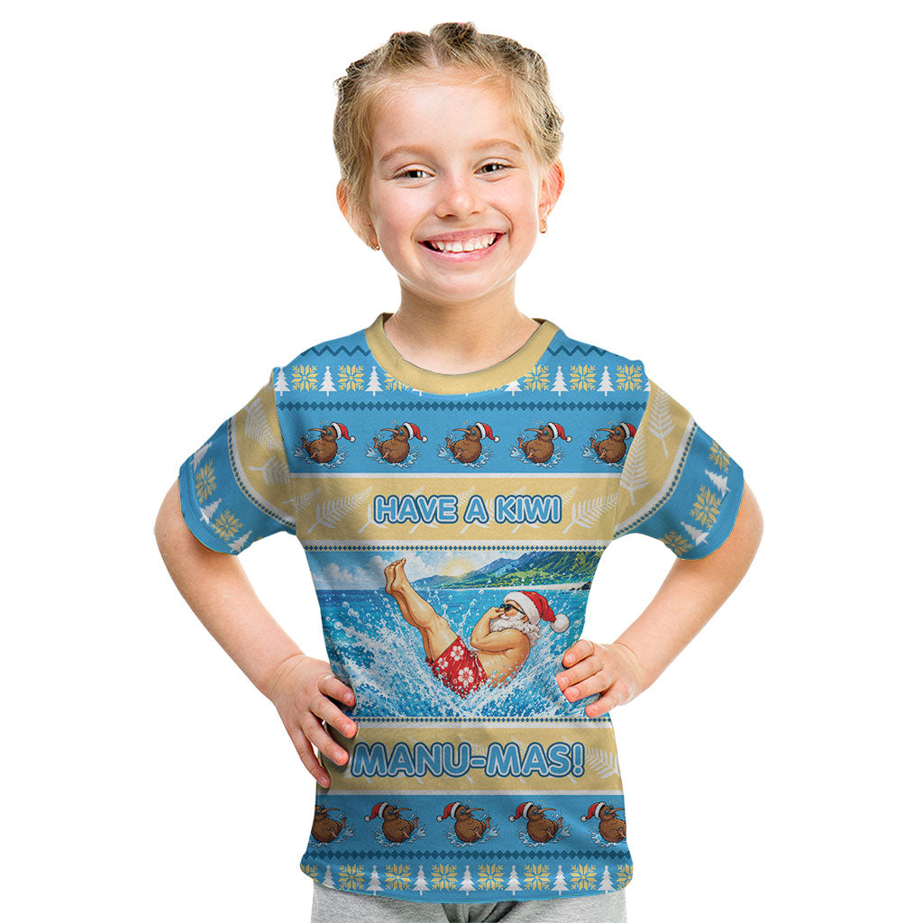 New Zealand Christmas Kid T Shirt Have A Kiwi Manu-Mas LT05 Blue - Polynesian Pride