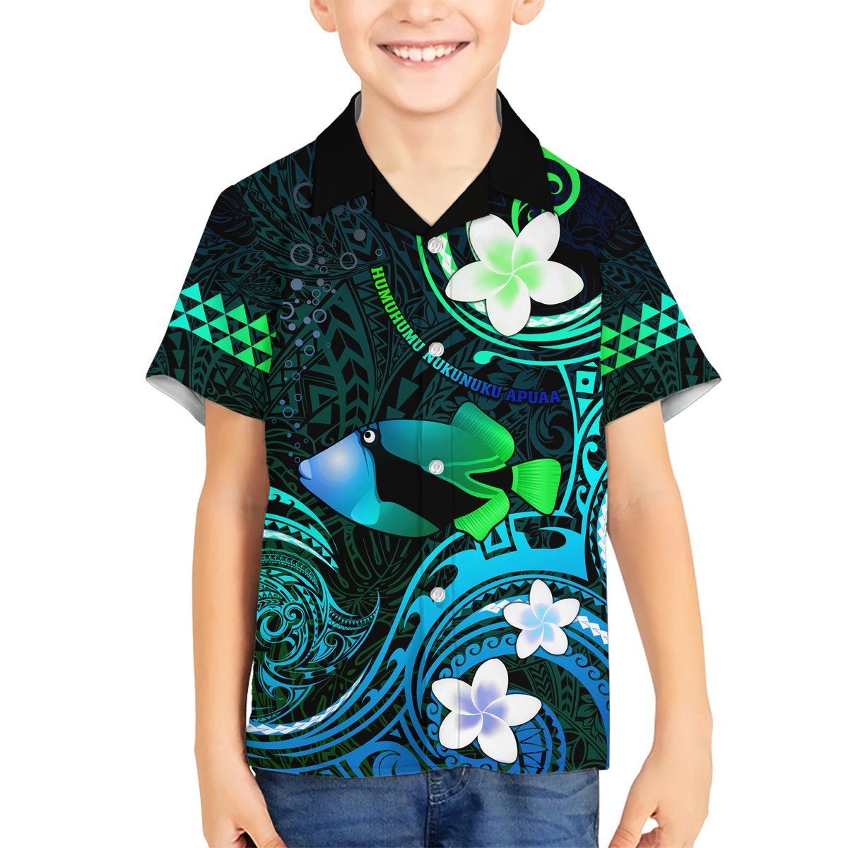 Personalised Hawaii Humuhumu Reef Triggerfish Hawaiian Shirt Turquoise With Plumeria LT05 - Polynesian Pride
