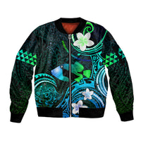 Personalised Hawaii Humuhumu Reef Triggerfish Sleeve Zip Bomber Jacket Turquoise With Plumeria LT05 Unisex Turquoise - Polynesian Pride