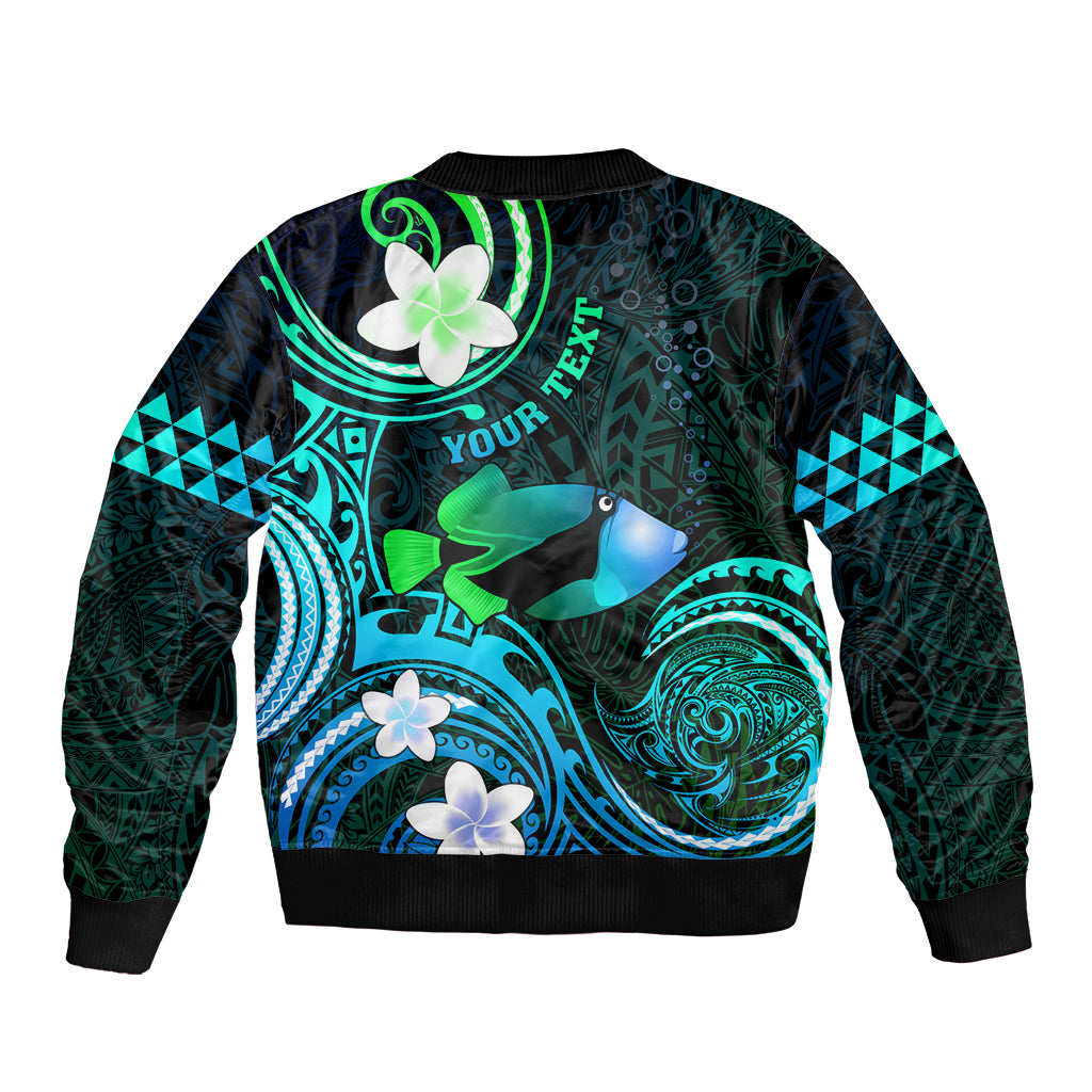 Personalised Hawaii Humuhumu Reef Triggerfish Sleeve Zip Bomber Jacket Turquoise With Plumeria LT05 - Polynesian Pride